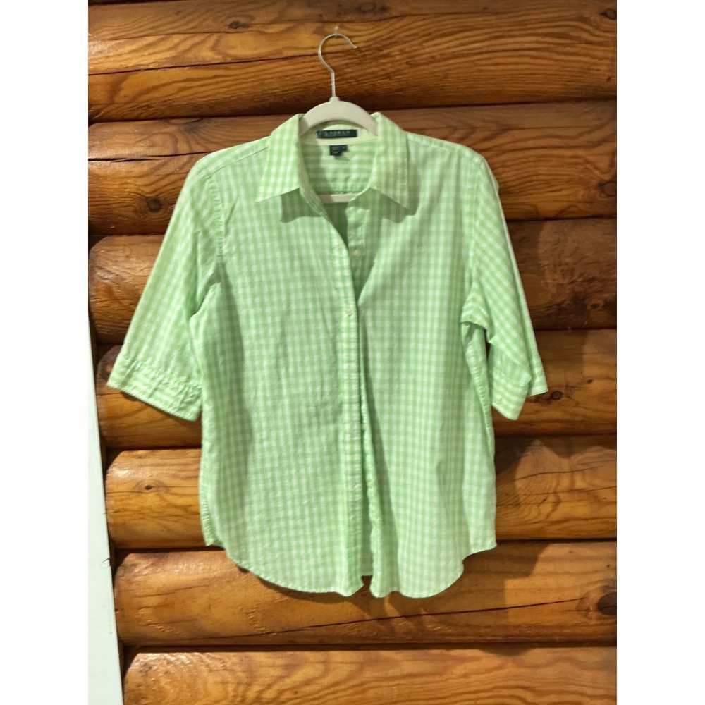 Lauren‎ Ralph Lauren Green Gingham Button Down Shirt Womens Medium Cotton Top